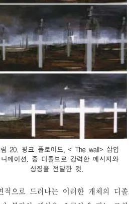 그림  20.  핑크  플로이드,  &lt;  The  wall&gt;  삽입  애니메이션.  중  디졸브로  강력한  메시지와  상징을  전달한  컷. 표면적으로  드러나는  이러한  개체의  디졸브  외 에  보다  복잡한  해석을  요구하게  되는  조형  요소 의  활용은  더욱  섬세하고  흥미롭다