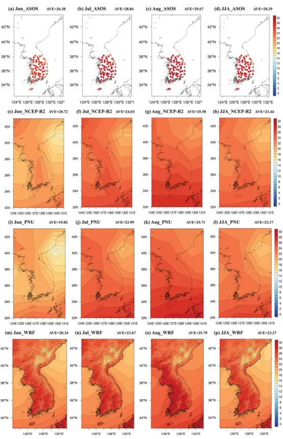 Fig. 4. Spatial distribution of daily maximum temperature ( o C) derived from ASOS (a-d), NCEP-R2 (e-h), PNU CGCM (i-j) and WRF (m-p) in the WRF domain for period of Hindcast (1989~2018).