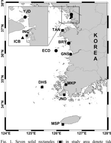 Fig.  1.  Seven  solid  rectangles  ( )  in  study  area  denote  tide  stations  with  sea  level,  air  pressure,  and  wind  data