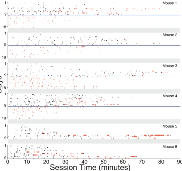 Figure 3. Rasters of response times during the operant task (90 minute sessions over 18 days in each of the 6 mice that displayed high levels of operant responding)