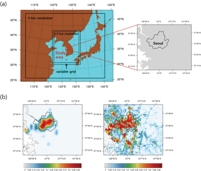Fig. 5. (a) UM-MORUSES model domain, and (b) the urban fraction value change using EGIS Land cover data.
