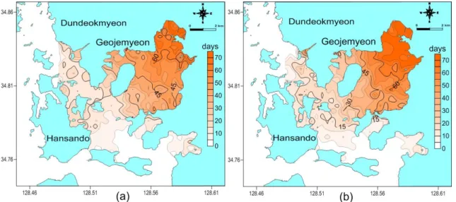 Fig.  4.  Simulated  flow  patterns  during  (a)  peak  flood  currents,  (b)  peak  ebb  currents  in  spring  tide  and  (c)  peak  flood  currents,  (d)  peak  ebb  currents  in  neap  tide.