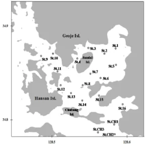 Fig.  1.  Location  of  sampling  stations  in  Geoje-Hansan  Bay,  Southern  Coast  of  Korea.