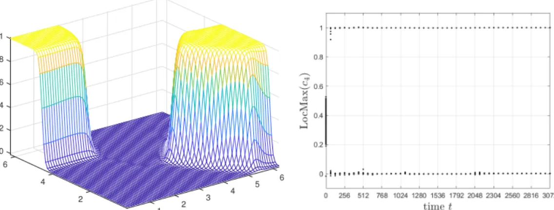 Figure 6. c 4 ( x, y, T ) and local maxima of c 4 ( x, y, t ), 0 ≤ t ≤ T for the model E ( c )