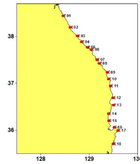 Fig.  1.  Map  showing  the  sampling  stations  of  the  coastal  areas  of  the  East  Sea.
