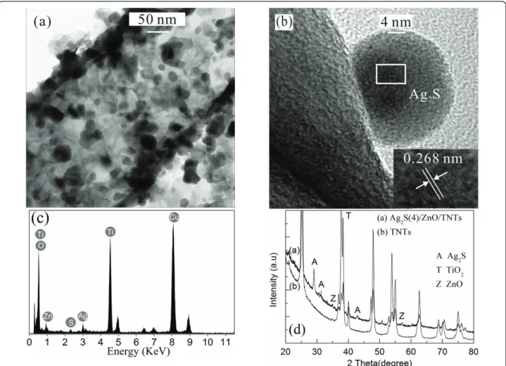 Figure 3 The low- and high-magnification TEM images, EDX spectrum, and XRD pattern. (a) TEM image of the Ag2S(4)/ZnO/TNT electrode showing the formation of ZnO on the TNTs and the Ag2S nanoparticles inside the TNTs, (b) an HR-TEM image of a deposited Ag2S 