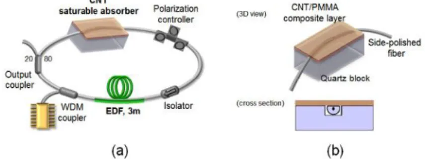 Fig. 1. Schematic of (a) mode-locked fiber laser with CNT SA and (b) CNT SA coated onto the  half of a tunable directional coupler for evanescent wave interaction