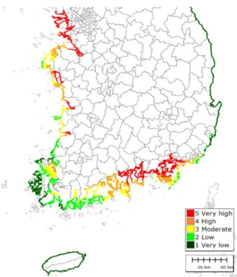 Fig.  9.  Results  of  storm  surge  vulnerability  assessment. 앞서 언급한 바와 같이 태풍정보가 갖고 있는 불확실성을  감안하면 매우 정도 높은 해일고의 산출이 이루어진 것으로  판단된다 