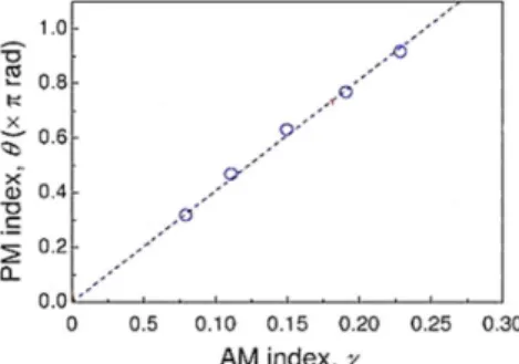 Fig.  3.  Relationship  between  PM  index  and  the  AM  index  of  the  optical  signal  generated  by  directly-modulated RSOA