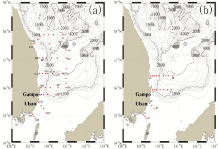 Fig.  1.  Map  of  sampling  locations  in  the  East  Sea.  (a)  August,  2009;  (b)  July,  2011.