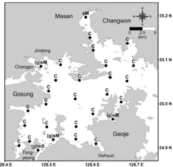 Fig.  3.  The  spatial  distribution  of  sedimentary  facies  in  the  surface  sediment  of  Jinhae  bay