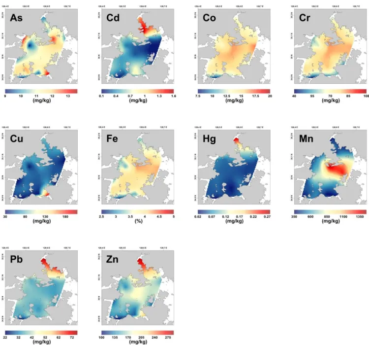 Fig.  4.  Spatial  distributions  of  As,  Cd,  Co,  Cr,  Cu,  Fe,  Hg,  Mn,  Pb  and  Zn  contents  in  surface  sediments  of  Jinhae  bay