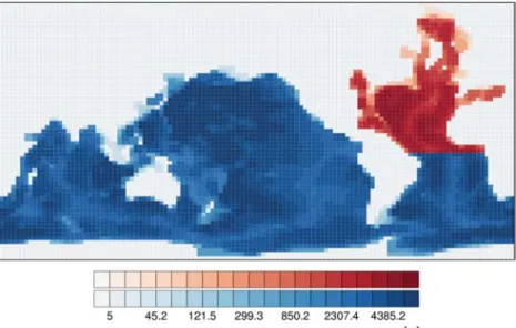 Fig. 2. Grid system of CLIO represented by global bathymetry distribution. Blue region indicates the first spherical sub-grid system based on classical longitude-latitude coordinates