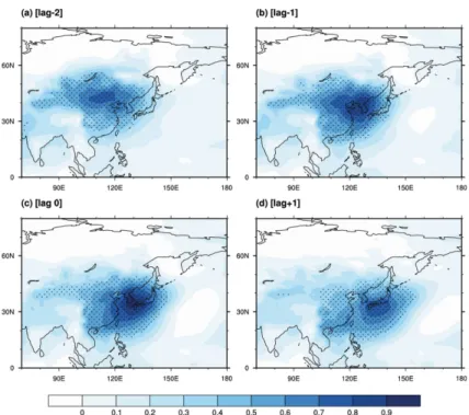 Fig. 2. Lag composite of one-point correlation between observed mean temperature from 11 KMA stations and 2-meter temperature from ERA interim for sampled cold surges