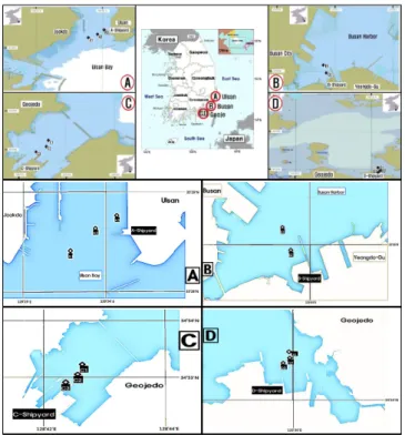 Fig.  1.  Sampling  stations  around  four  major  shipyards  in  Korea.