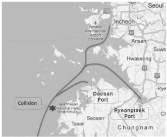 Fig.  3.  Ships’  Main  Routes  and  Collision  Site  (Kim,  2012).