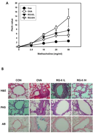 Fig. 1. Effect of RG-II on airway responsiveness, lung inflamma- inflamma-tion, and inflammatory cell infiltration in OVA-treated mice