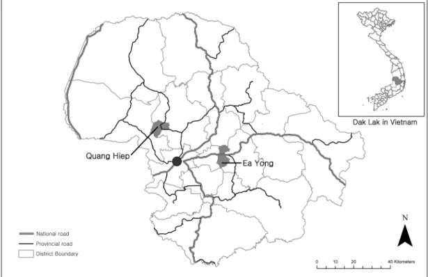 그림 1. 연구 지역(닥락 성의 Quang Hiep(Cu M’gar district) Commune과 Ea Yong Commune(Krong Pac district)