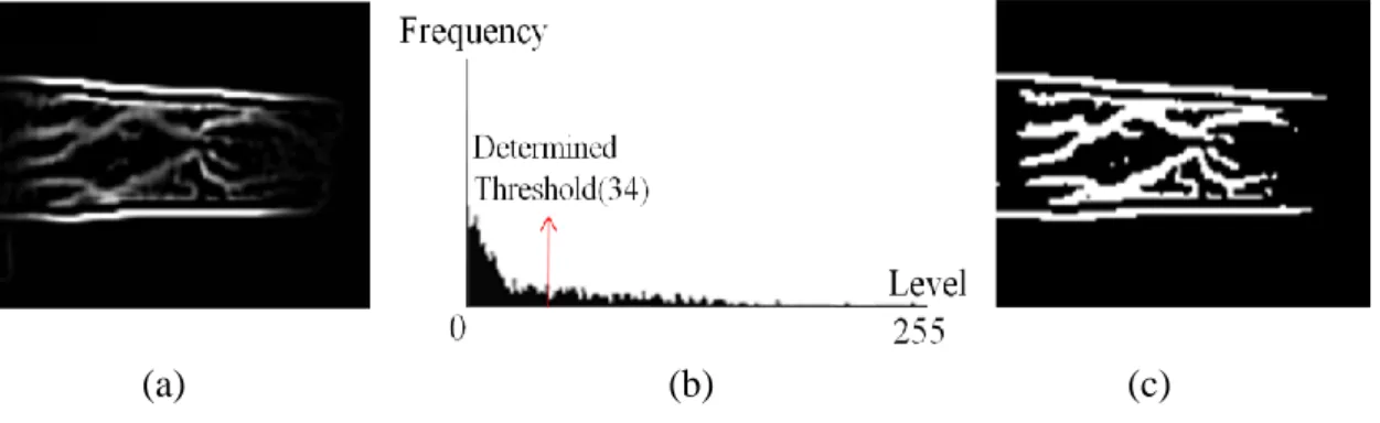Figure 6. Example of simple binarization method. (a) Filtered finger image, (b) histogram  of image in (a) and an automatically determined threshold, and (c) a resulting image after  binarization using the threshold