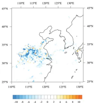 Fig. 6. 3-Day (0000 UTC 24~0000 UTC 27 June 2015) averaged cloud droplet number concentration (cm −3 ) difference between OSM experiment and KK experiment at 925 hPa.