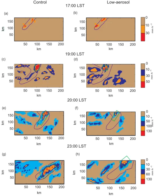 Figure 8. Spatial distributions of precipitation rates at the surface. Green rectangles mark areas with heavy precipitation and are described in detail in text