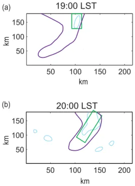 Figure 9. Boundary of each area which has the observed surface precipitation rate of 60 mm h −1 or above (blue contours) and a  spe-cific area (surrounded by the green rectangle in the control run and described in the text related to Fig