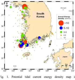 Fig.  1.  Potential  tidal  current  energy  density  map  in  Korea(KHOA,  2013).