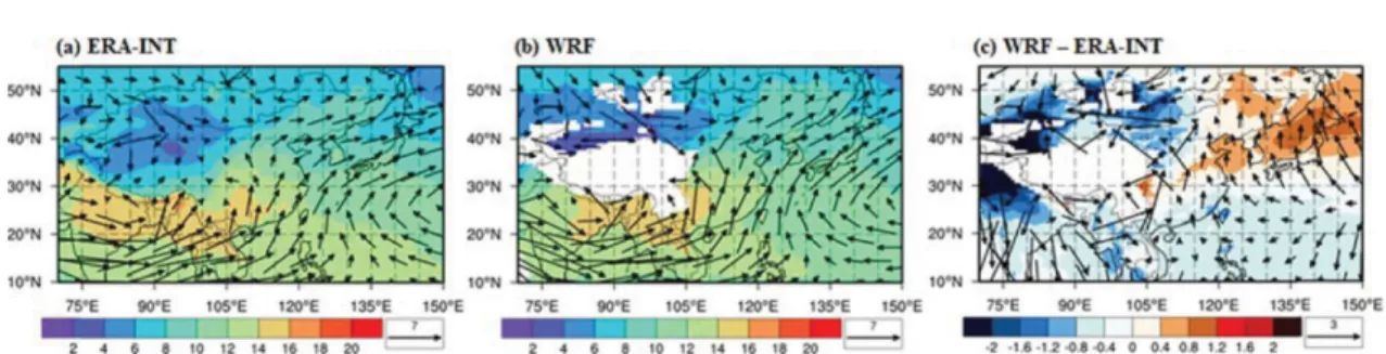 Fig. 8. Boreal summer mean 850 hPa wind vectors (m s −1 ) and specific humidity (g kg −1 ) with respect to (a) ERA-INT, (b) WRF and (c) bias of WRF compared with ERA-INT.