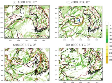 Fig. 7. Temperature perturbation (K, shaded), T − T d  ( ≤ 4 K, solid line), u, w (m s −1 , vector) at (a) 1600 UTC 07, (b) 2300 UTC 07, (c) 0400 UTC 08 and (d) 0900 UTC 08 August 2015, respectively.