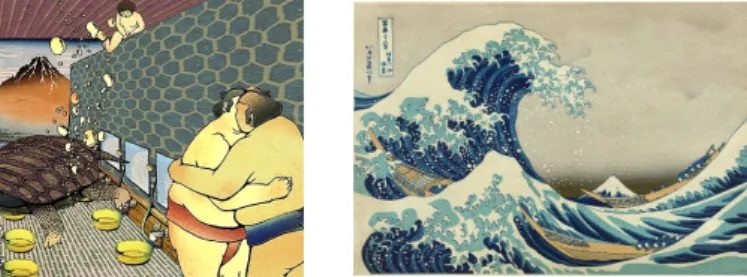 그림 2. 타바이모(Tabaimo), Japanese Bathhouse-Gents,  video installation, 2000 (좌) 그림 3. 가쓰시카 호쿠사이(葛飾北斎), 가나가와 해변의 높은 파도 아래,  프랑스국립박물관연합(RMN)), 19세기경 (우) 며 이후 사회가 점차 안정되자 현실의 즐거움을 안고 살아가자는 풍토로 변하게 되었다.9)   타바이모의  작품은  2차원의  공간을  부정하지  않고  유지함으로 써 평면성을 지키고 있다