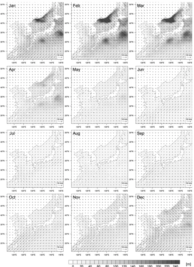 Fig. 2. The monthly mean oceanic MLD and 10 m wind fields during 2008~2016 from HYCOM global analysis.