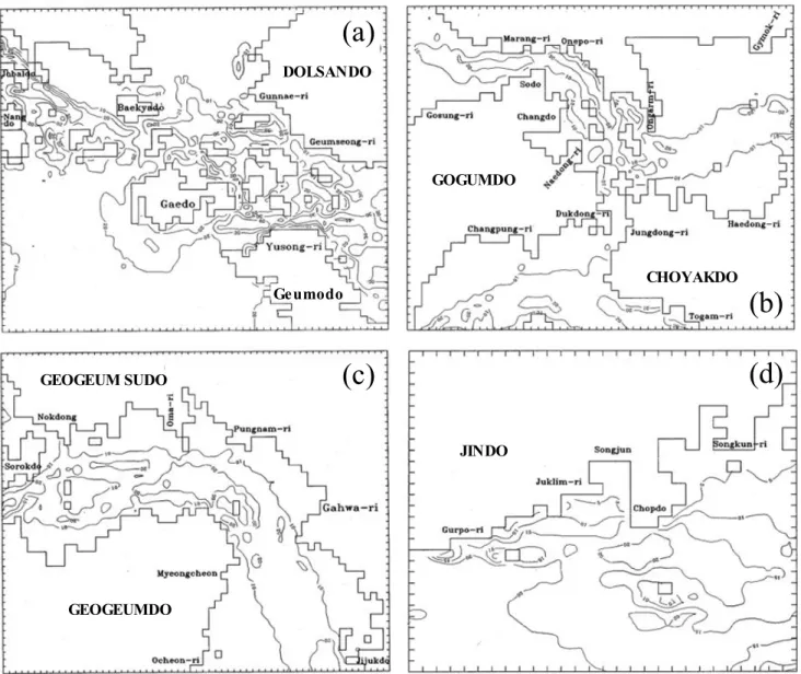 Fig.  2.  Study  areas  and  their  topographies.  Depth  in  meters.