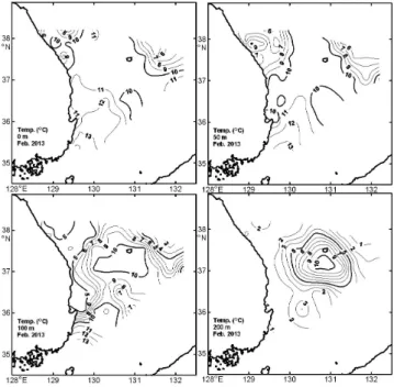 Fig.  4.  Horizontal  distributions  of  temperature  at  the  depth  of  0 m,  50 m,  100 m  and  200 m,  respectively.