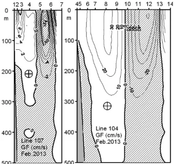 Fig.  7.  Vertical  distributions  of  temperature  anomaly  in  line  107  (left),  104  (middle)  and  209  (right)