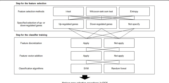 Figure 1 Various gene selection procedures in FiGS. As many as 60 different gene selection procedures can be developed by combining the feature selection methods, classification algorithms and various optional techniques