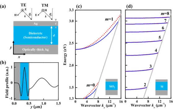 Fig. 1. (a) Schematic description of a metal-dielectric-metal (MDM) structure. The gray and  blue regions represent the metal and dielectric layers, respectively