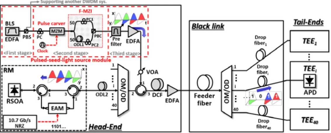 Fig. 2. Experimental setup of the 10-Gb/s DWDM system employing the pulsed-seed-light  source based on the F-MZI