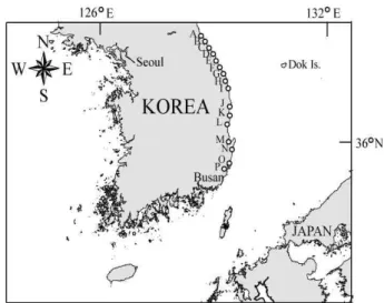 Fig.  1.  The  map  showing  the  study  area  and  sampling  location  for  measuring  the  trace  metals  in  tissues  of  minke  whale  in  the  eastern  part  of  Korea.