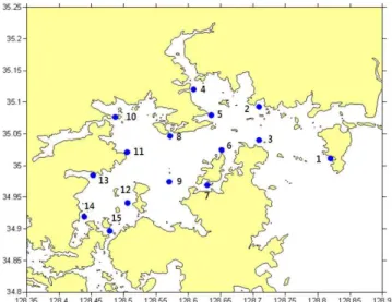 Fig.  1.  Map  showing  the  sampling  locations  in  Jinhae  Bay.Cho  et  al.,  1998)