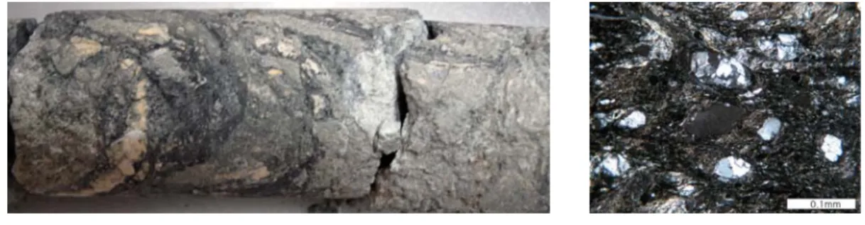 그림  12.  단층암(변질)  I  의  시추코어  및  박편  사진     변질된  단층암  내에는  단층영향대의  암석과  비교했을  때  뚜렷이  많은  양의  기질이  함 유되어  있음을  관찰  할  수  있다