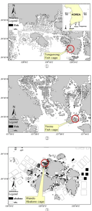 Fig.  1.  Maps  of  the  sampling  stations  ① Tongyeong  finfish  cage, 