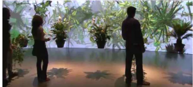 그림  5.  Christa  Sommerer  &amp;Laurent  Mignonneau,  Sistemes  Vius,  인터랙티브  설치(2011) 20) <그림  6>에서  관객이  무대  위에  서면  무대  뒤  배경에  관객의  그림자가  크게  생성되고,  그  그림자  속에는  다른  환영이  드러난 다
