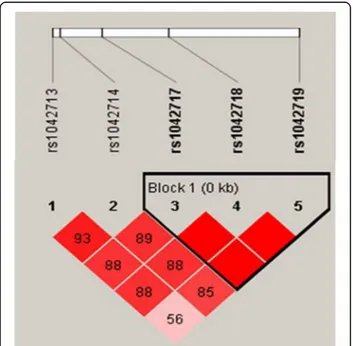 Fig. 1 Linkage disequilibrium patterns and relative position of rs 1,042,717, rs1042718, and rs1042719 in study patients