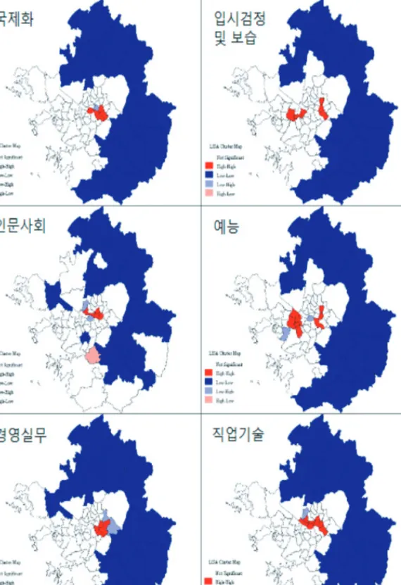 그림 2. 단위면적(km 2 ) 대비 사설학원 수 - LISA cluster map