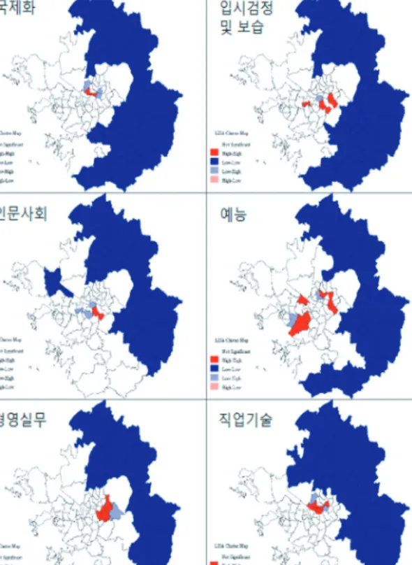 그림 3. 단위면적(km 2 ) 대비 사설학원 수강자수 - LISA cluster map