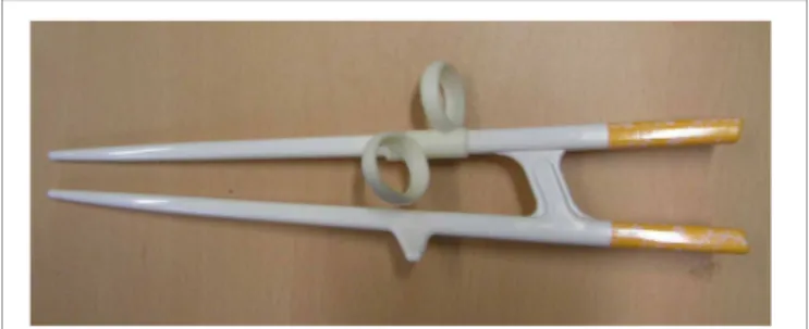 FIGURE 1 | A chopsticks-aid used for practice and during MRI scanning. Figure shows a chopsticks-aid for left-handedness, consisting of a plastic body part and two rubber rings to place the index and middle finger
