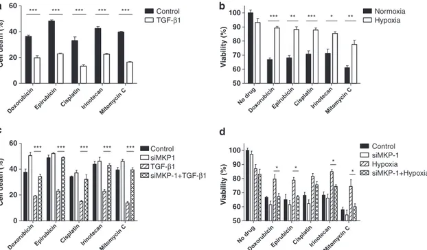 Figure 6 Knockdown of MKP-1 increases the efficacy of cytotoxic anticancer drugs. (a–b) Doxorubicin (10 ug/ml), epirubicin (10 mg/ml), cisplatin (30 mg/ml), irinotecan (500 mg/ml), and mitomycin C (50 mg/ml) were applied in Huh-7 cells with or without pret