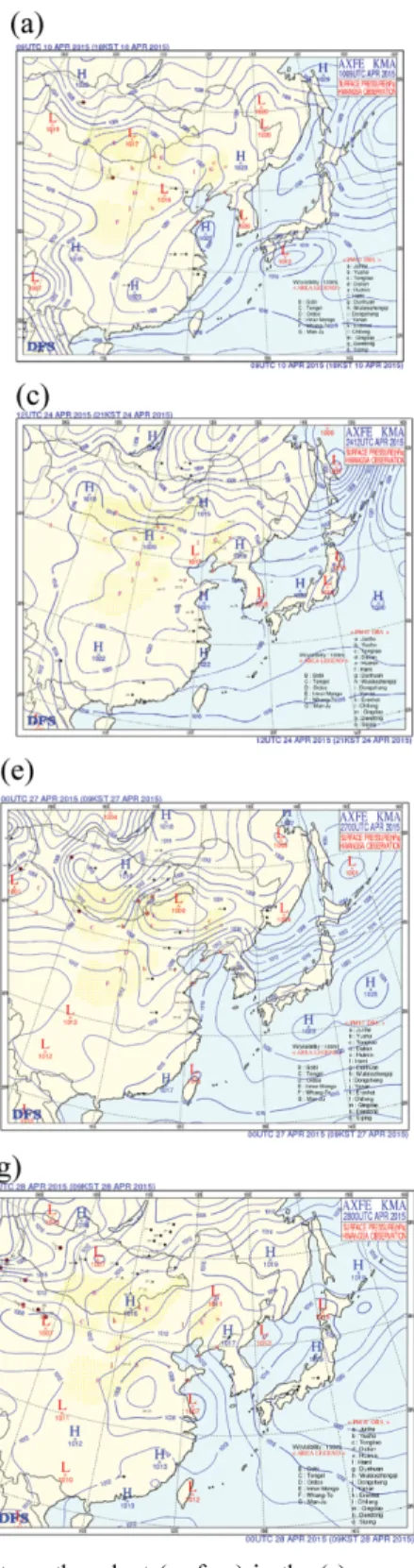 Fig. 3. Asian dust weather chart (surface) in the (a) non-event in South sea observation case (1800 KST 10 April), (b) haze observation case (0900 KST 11 April), (c) haze with dust observation case (2100 KST 24 April), (d) haze with dust observation case (