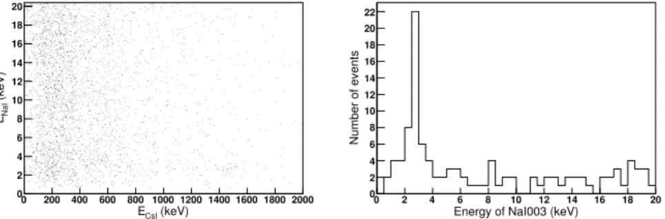 Figure 2. (left) A scatterplot of NaI-003 signals (vertical) versus CsL crytal energys (horizontal) for coincidence events