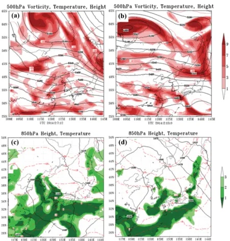 Fig. 8. 10-year mean 500 hPa geopotential height (gpm, solid lines) and surface temperature anomaly ( o C, shaded area) the case period (2004